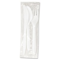 PLASTIC CUTLERY PLASTIC CUTLERY - Three-Piece Wrapped Cutlery Kit: Fork, Knife, Spoon;White, 250/Cas