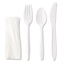 PLASTIC CUTLERY PLASTIC CUTLERY - Wrapped Cutlery Kit, 6 1/4", Fork/Knife/Spoon/Napkin, WhiteGEN Wra