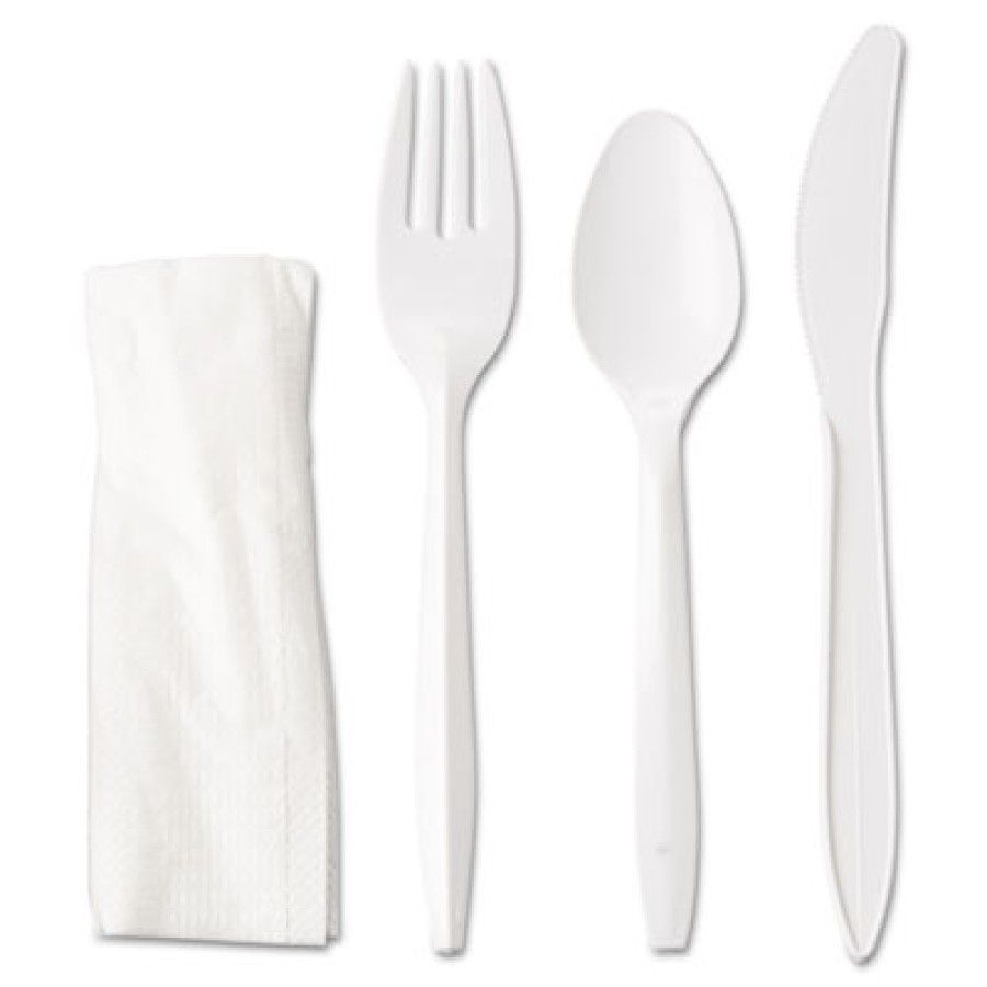 PLASTIC CUTLERY PLASTIC CUTLERY - Wrapped Cutlery Kit, 6 1/4", Fork/Knife/Spoon/Napkin, WhiteGEN Wra