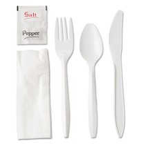 PLASTIC CUTLERY PLASTIC CUTLERY - Wrapped Cutlery Kit, 6 1/4", Fork/Knife/Spoon/Napkin/Salt/Pepper, 