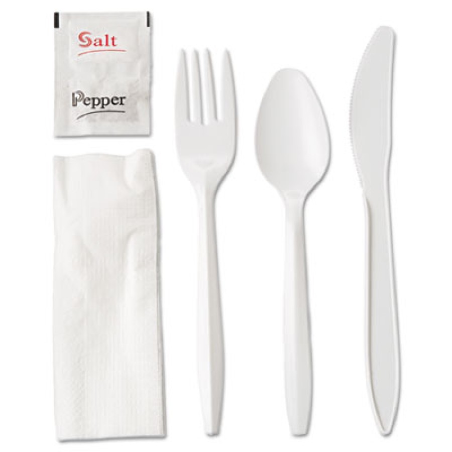 PLASTIC CUTLERY PLASTIC CUTLERY - Wrapped Cutlery Kit, 6 1/4", Fork/Knife/Spoon/Napkin/Salt/Pepper, 