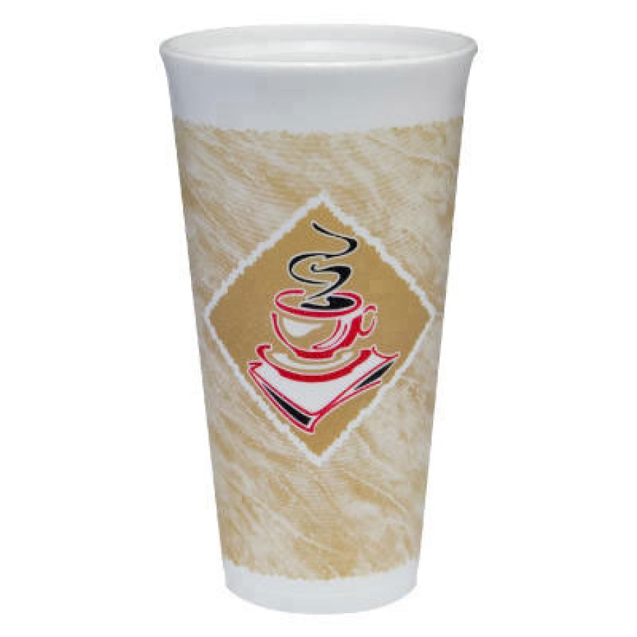 FOAM CUPS FOAM CUPS - Foam Hot/Cold Cups, 20 oz., Caf  G Design, White/Brown with Red AccentsDart  C