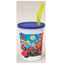 KIDS PLASTIC CUPS KIDS PLASTIC CUPS - Plastic Kids' Cups with Lids and Straws, 12 oz., Race Car Desi